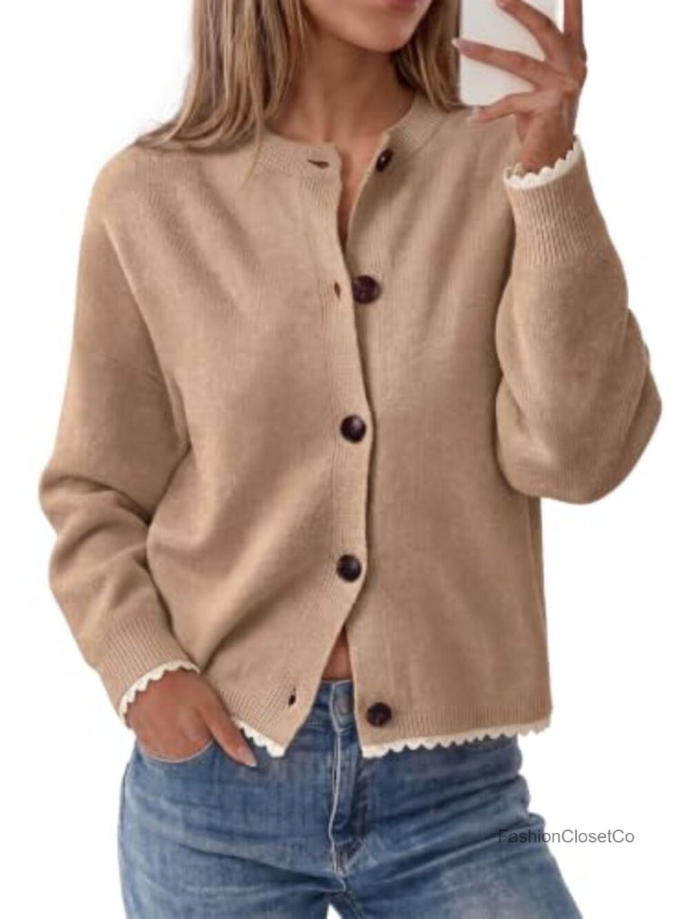 Lace Trim Cardigan Sweater Button Down Knit Top with Removable Scarf